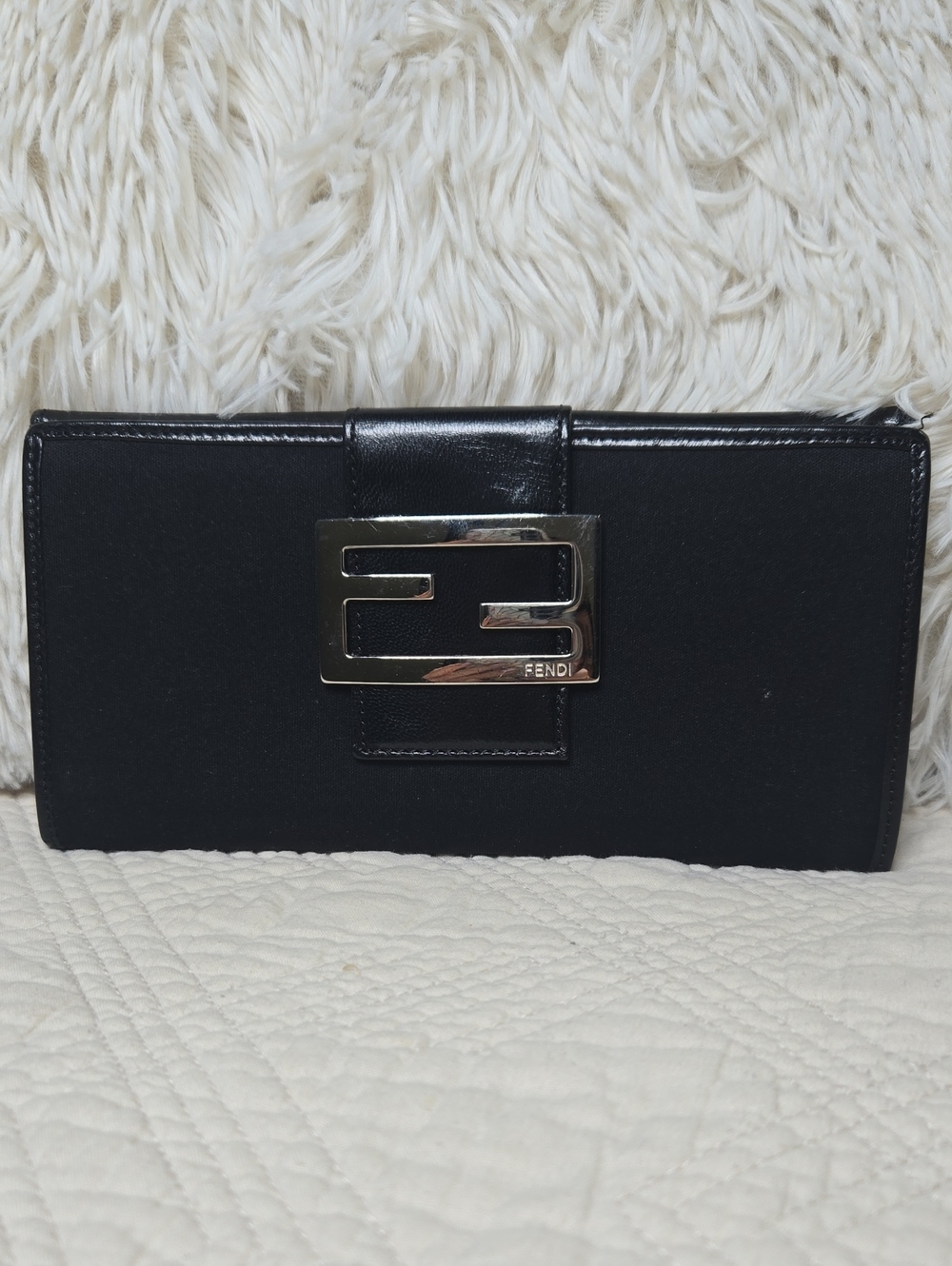 Fendi Black Leather & Fabric w Silver FF Logo-Plate Continental Wallet